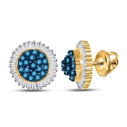 1 CTW Round Blue Color Enhanced Diamond Cluster Earrings 10kt Yellow Gold - REF-32T3K