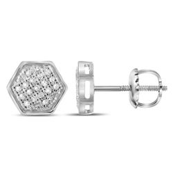 1/10 CTW Mens Round Diamond Hexagon Cluster Stud Earrings 10kt White Gold - REF-11R4H