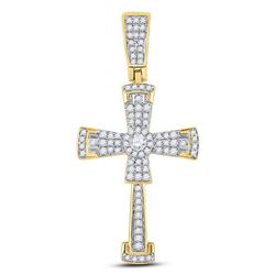 1/2 CTW Mens Round Diamond Flared Cross Crucifix Charm Pendant 10kt Yellow Gold - REF-26T3K