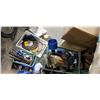 Image 1 : GREEN CRATE OF TOOLS, SANDER, BINS OF PARTS, AND SAW BLADES
