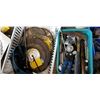 Image 3 : GREEN CRATE OF TOOLS, SANDER, BINS OF PARTS, AND SAW BLADES