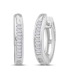 1/6 CTW Baguette Diamond Huggie Hoop Earrings 10kt White Gold - REF-9T3K