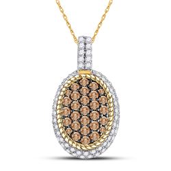 1 CTW Round Brown Diamond Oval Rope Frame Cluster Pendant 10kt Yellow Gold - REF-45W6F