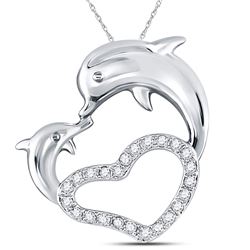 1/6 CTW Round Diamond Double Dolphin Heart Pendant 14kt White Gold - REF-14X4T