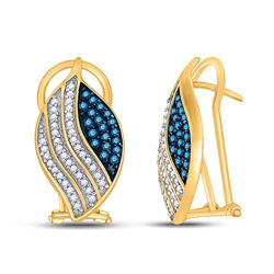 1/2 CTW Round Blue Color Enhanced Diamond Stripe Oval Cluster Earrings 10kt Yellow Gold - REF-26X3T