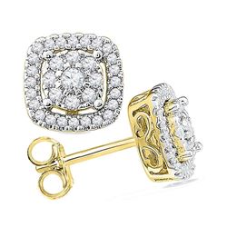 1/2 CTW Round Diamond Framed Square Cluster Screwback Earrings 10kt Yellow Gold - REF-32A3N