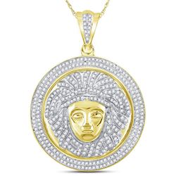 1 CTW Mens Round Diamond Gorgon Medusa Circle Medallion Charm Pendant 10kt Yellow Gold - REF-75R5H