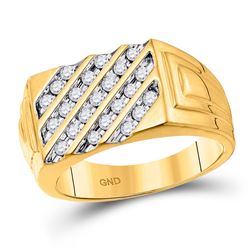 1/2 CTW Mens Round Channel-set Diamond Diagonal Stripe Ring 10kt Yellow Gold - REF-31A5N