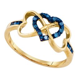 1/10 CTW Round Blue Color Enhanced Diamond Triple Trinity Heart Ring 10kt Yellow Gold - REF-13W2F