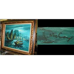 Vintage painting of some Junks in a har