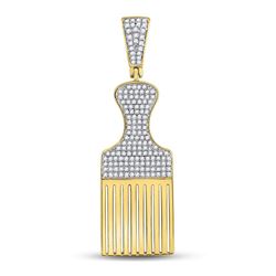 1/2 CTW Mens Round Diamond Afro Hair Pick Charm Pendant 10kt Yellow Gold - REF-33H3W