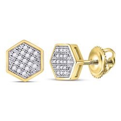 1/10 CTW Mens Round Diamond Hexagon Cluster Stud Earrings 10kt Yellow Gold - REF-11F4M