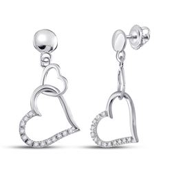 1/10 CTW Round Diamond Heart Dangle Earrings 10kt White Gold - REF-10Y8X