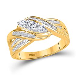 1/2 CTW Round Baguette Diamond 3-Stone Crossover Ring 10kt Yellow Gold - REF-39Y6X
