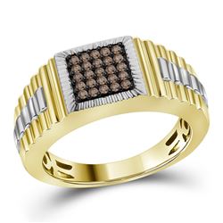 1/4 CTW Mens Round Brown Diamond Square Cluster Ribbed Ring 10kt Yellow Gold - REF-41T9K