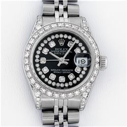 Rolex Ladies Stainless Steel 26MM Black Diamond Lugs Datejust Wristwatch