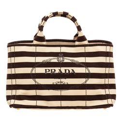Prada Black White Canvas Medium Canapa Shopping Tote Bag