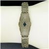Image 7 : Antique Art Deco 10k White Gold 7" Wide Marquise Filigree & Sapphire Bracelet