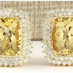 22.00 CTW Natural Citrine And Diamond Earrings 18K Solid Yellow Gold