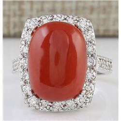 12.32 CTW Natural Coral And Diamond Ring In 18K White Gold