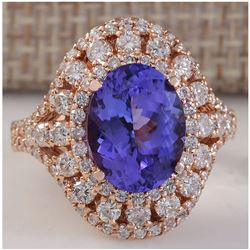 5.72 CTW Natural Blue Tanzanite And Diamond Ring 18K Solid Rose Gold