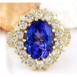 7.77 CTW Natural Tanzanite 18K Solid Yellow Gold Diamond Ring