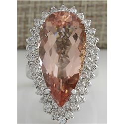 13.05 CTW Natural Peach Morganite And Diamond Ring In 18K Solid White Gold