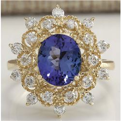 4.00 CTW Natural Blue Tanzanite And Diamond Ring In 18K Yellow Gold