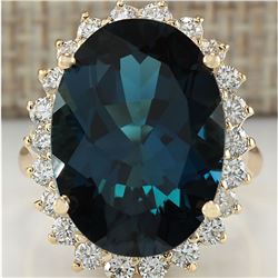 14.11 CTW Natural London Blue Topaz And Diamond Ring 14K Solid Yello Gold