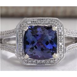 3.67 CTW Natural Blue Tanzanite And Diamond Ring In 18K Solid White Gold