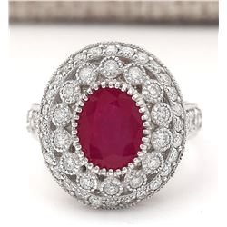 3.76 CTW Natural Ruby And Diamond Ring In 18K White Gold