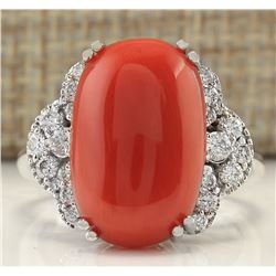 9.25CTW Natural Coral And Diamond Ring In 14K White Gold