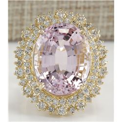 18.07 CTW Natural Kunzite And Diamond Ring 14K Solid Yellow Gold