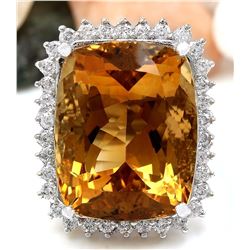 31.08 CTW Natural Citrine 14K Solid White Gold Diamond Ring