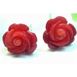 Sweet Red Coral Bead Flower /Silver Earrings