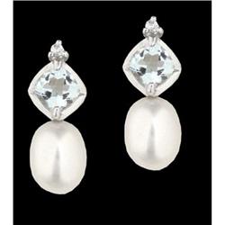 14KW Gold Aquamarine, Natural Pearl , Diamond Earrings