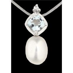 14KW Gold Aquamarine/ Diamond Natural Pearl Pendant