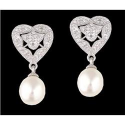 14KW Gold Heart Diamond Drop Pearl Earrings