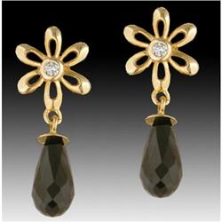 14KY Gold Pear Drop Onyx, Diamond Earrings