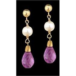 14KY Solid Gold 4.00ct Genuine Amethyst Pearl Earring