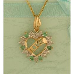 10KY Gold Emerald and Diamond Heart LOVE Pendan