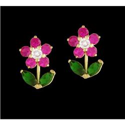 14KY Gold (not plated) CZ/ Ruby Flower Earrings