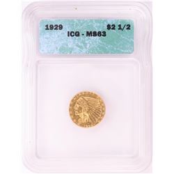 1929 $2 1/2 Indian Head Quarter Eagle Gold Coin ICG MS63