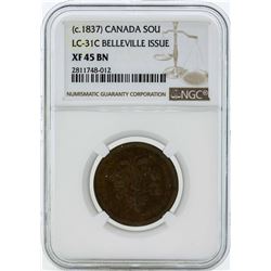 c. 1837 Canada Un Sou LC-31C Belleville Issue Coin NGC XF45BN