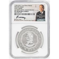 1792-2017 Half Disme 1 oz. Silver Medal NGC PF70 W/Edmund C. Moy Signature