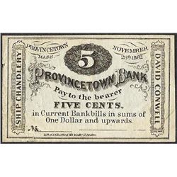 1862 Five Cents Provincetown, Massachusetts Obsolete Bank Note