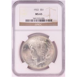 1922 $1 Peace Silver Dollar Coin NGC MS65