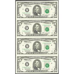 Uncut Sheet of (4) 1995 $5 Federal Reserve Notes Atlanta