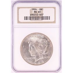 1924 $1 Peace Silver Dollar Coin NGC MS65
