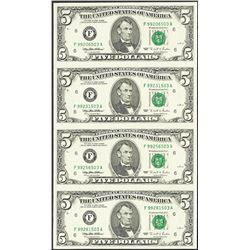 Uncut Sheet of (4) 1995 $5 Federal Reserve Notes Atlanta